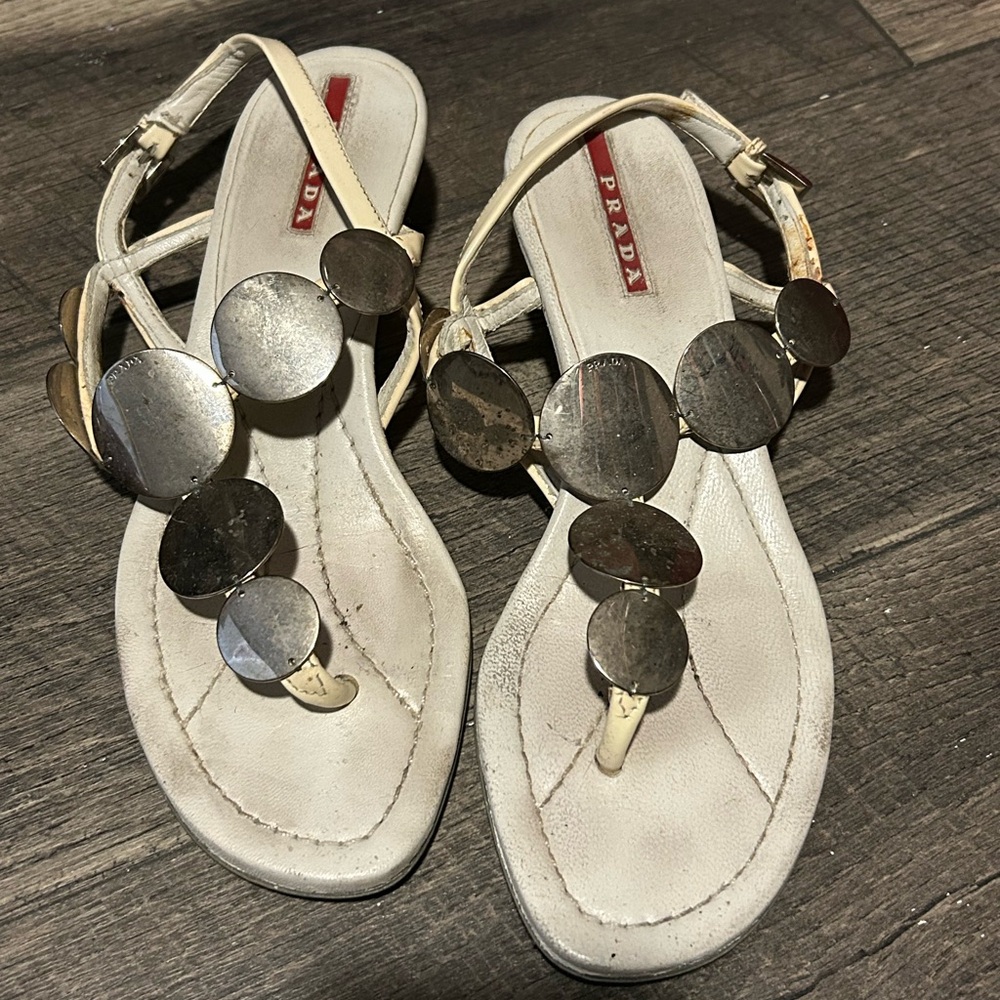 Prada White Sandals with Metallic Circles